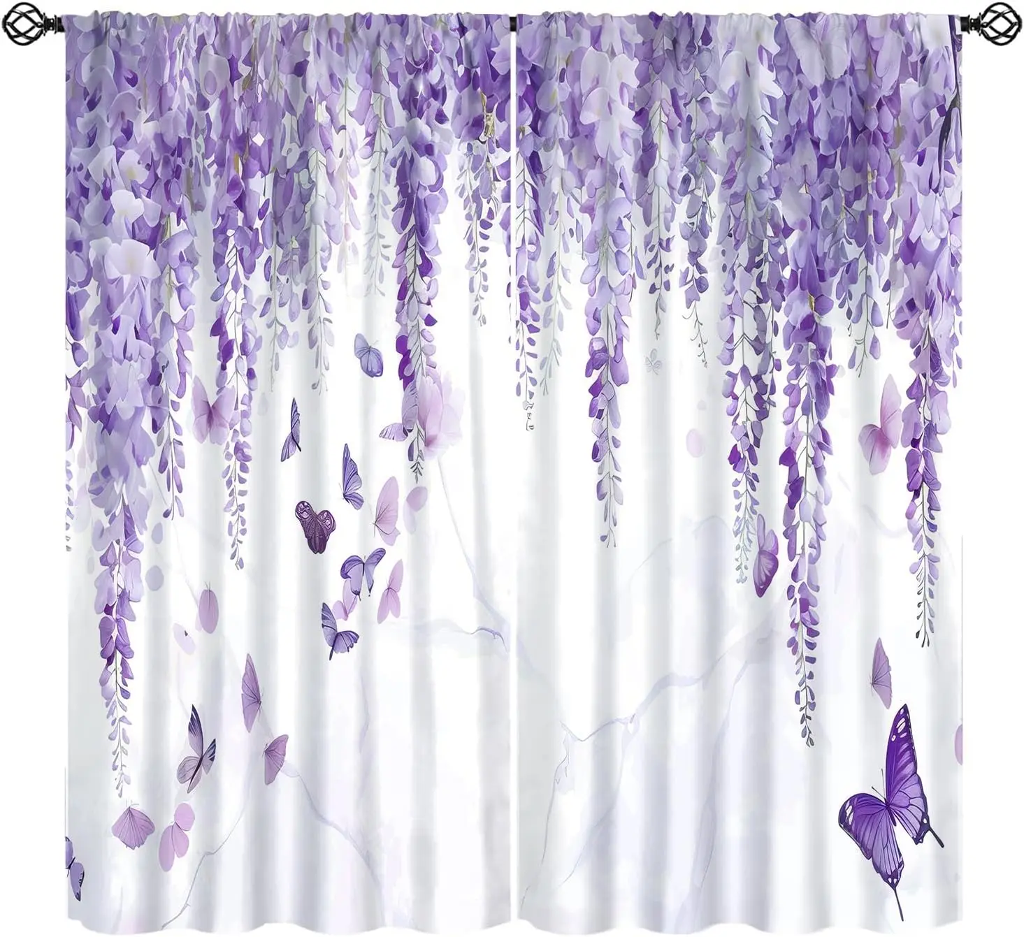 Butterfly Curtains, Lilac Flowers Marble Butterfly Background Blackout Window Treatments, Rod Pocket Thermal Insulated Drapes