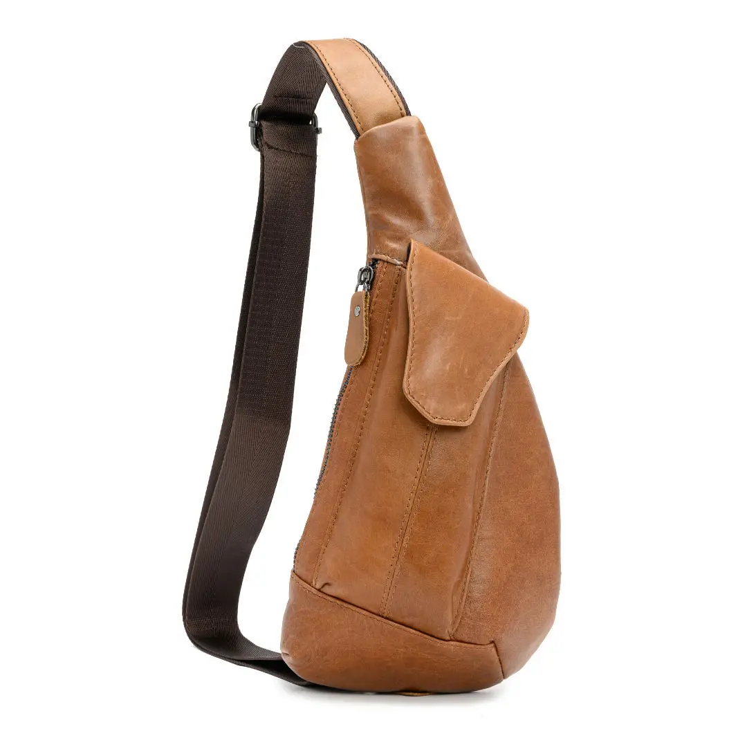 New Men Vertical Vintage Full Grain Cowhide Chest Bag Casual Sports Genuine Leather Sling Crossbody Shoulder Bag