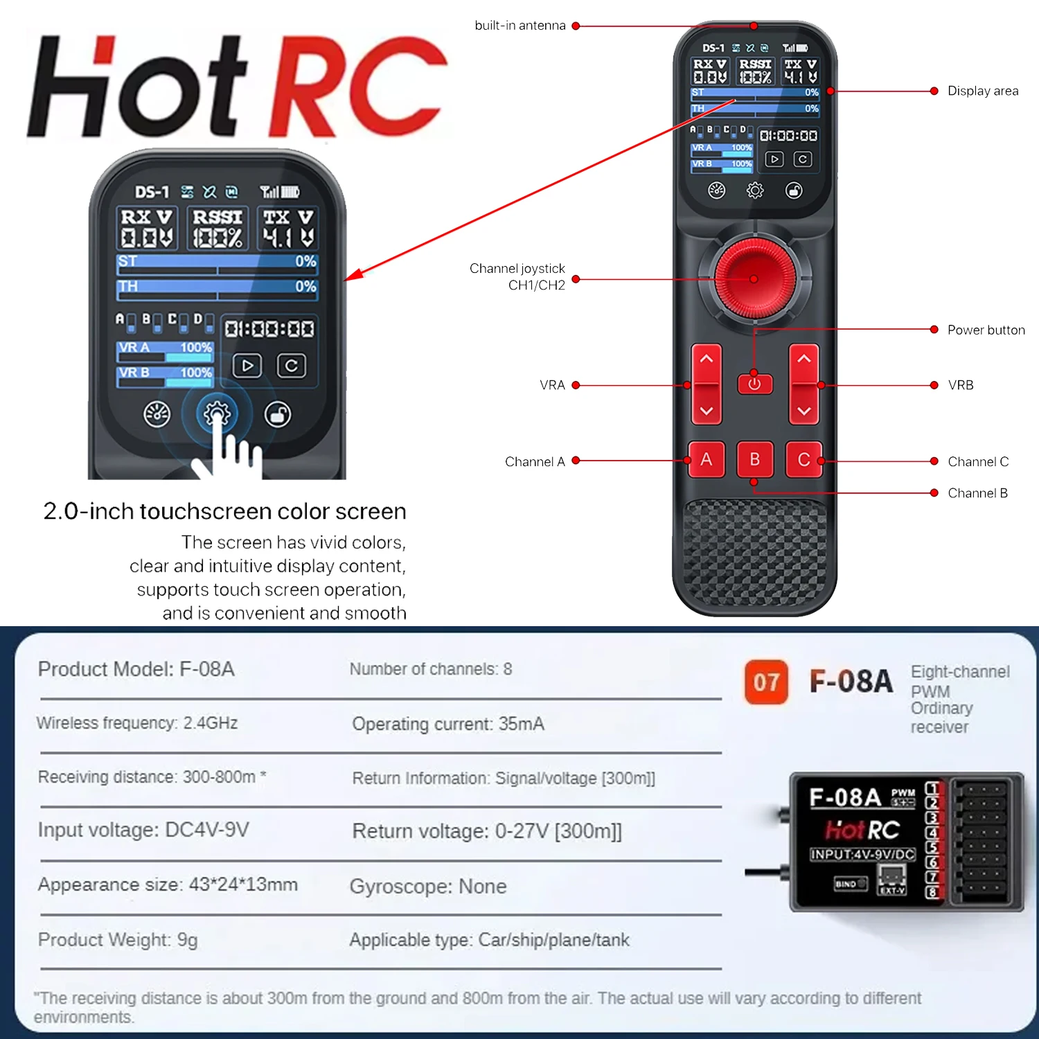 HotRC DS-800 Transmitter 2.4Ghz 8CH FHSS Remote Controller DS800 with F-08A Receiver For RC Model Car Trawler Fishing Boat