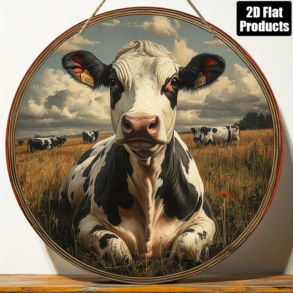[Home Decoration] Vintage Farmhouse Cow Wall Art - 8x8 Inch Round Wooden Sign with Rustic Brown and White Cow Design, Perfect fo