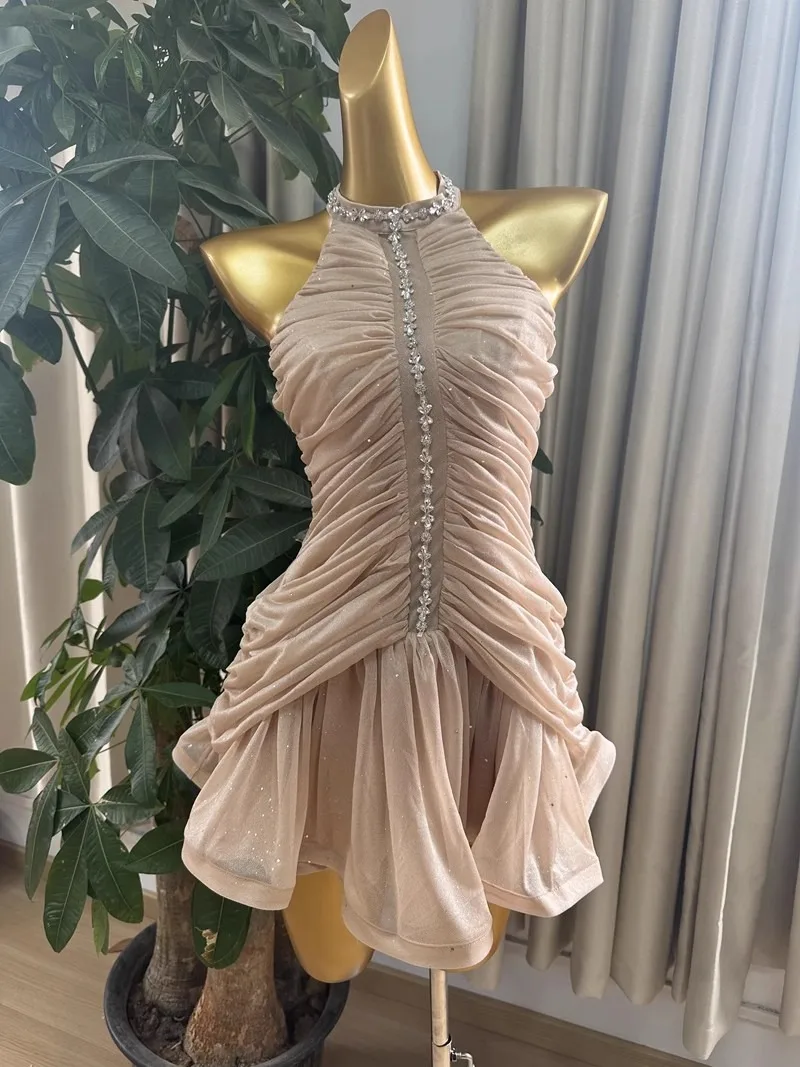 Apricot Diamond Mini Dress Bodycon Summer Vintage Evening Party Dresses Women Luxury Design Elegant Clothing Lady Sleeveless