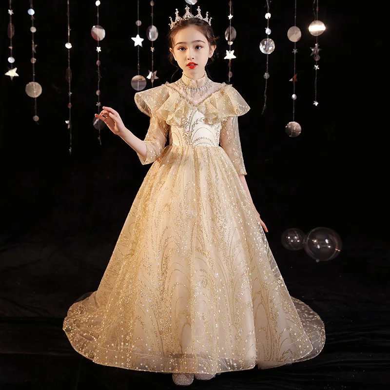 Children's Formal Dress with Train for Girls, Piano Performance Dress, Princess Dress, Stylish Catwalk Host Evening Dress for Su
