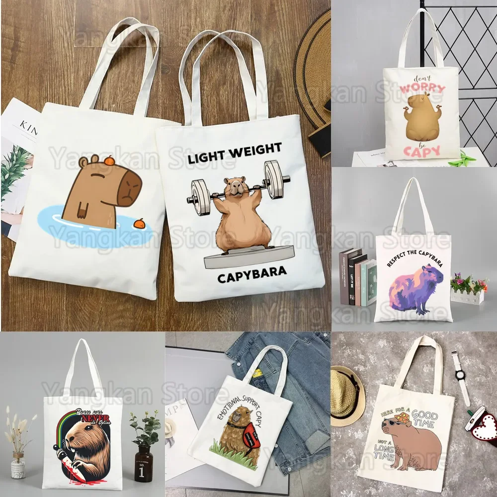 Kawaii Capybara Canvas Shoulder Bag Customize Handbag Men Casual Tote Bag Large Capacity Reusable Shopping Bag