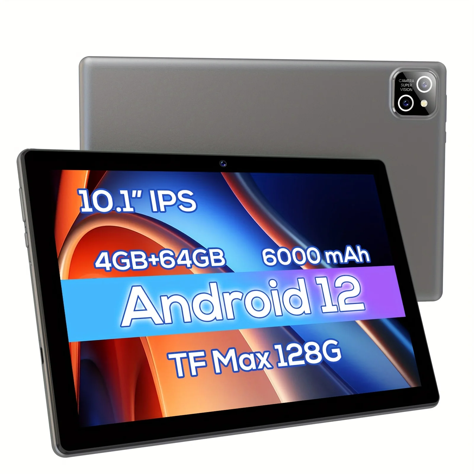 I-Atar 2025 Nuovo tablet da 10,1 pollici, sistema Android 12,0, 4Gb Ram+64Gbrom, processore Quad-Core, display HD 1280*1920 Ips, tablet computer con doppia fotocamera, supporto 2.4G Wifi, batteria integrata da 6000Mah, regalo ideale per feste per le vacanze, computer tablet per studenti