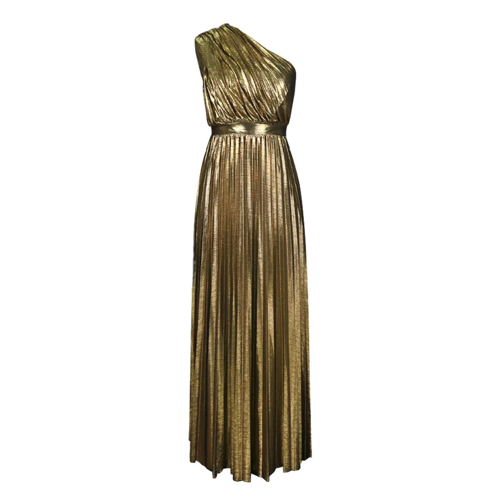 

Elegant One Shoulder Pleated Long Formal Eveinng Dress Gold