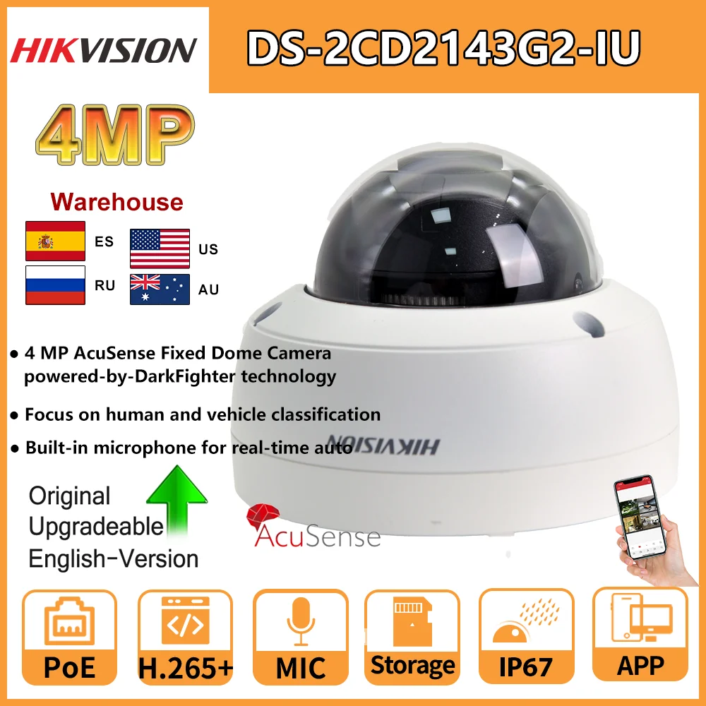 

Hikvision IP Camera 4MP Dome DS-2CD2143G2-IU PoE Built in MIC Real-time Audio Motion Detection SD Card Video Surveillance IP67