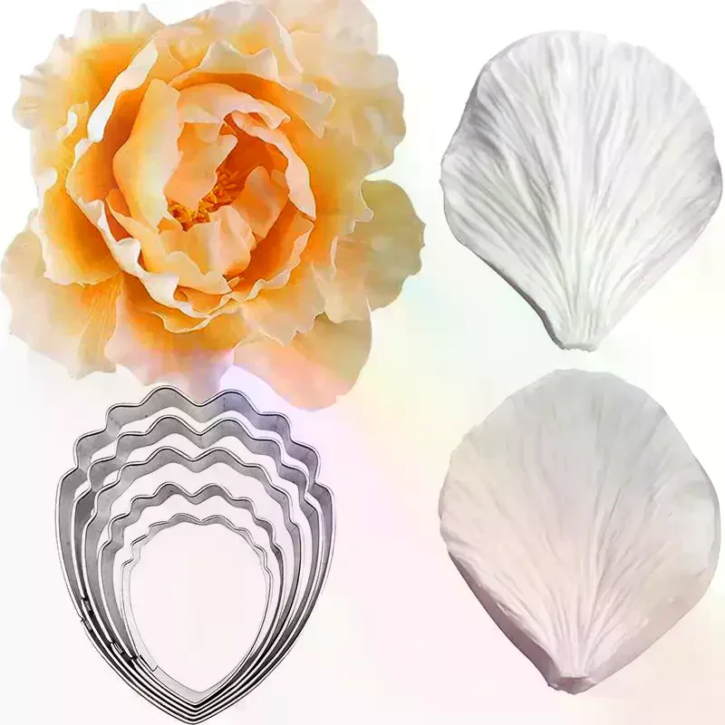 Peony Petal Veiner Silicone Mold Stainless Steel Cutter Mould Handmade Fondant Flower Molds Cake Decorating Tool Bakeware 5/7Pcs