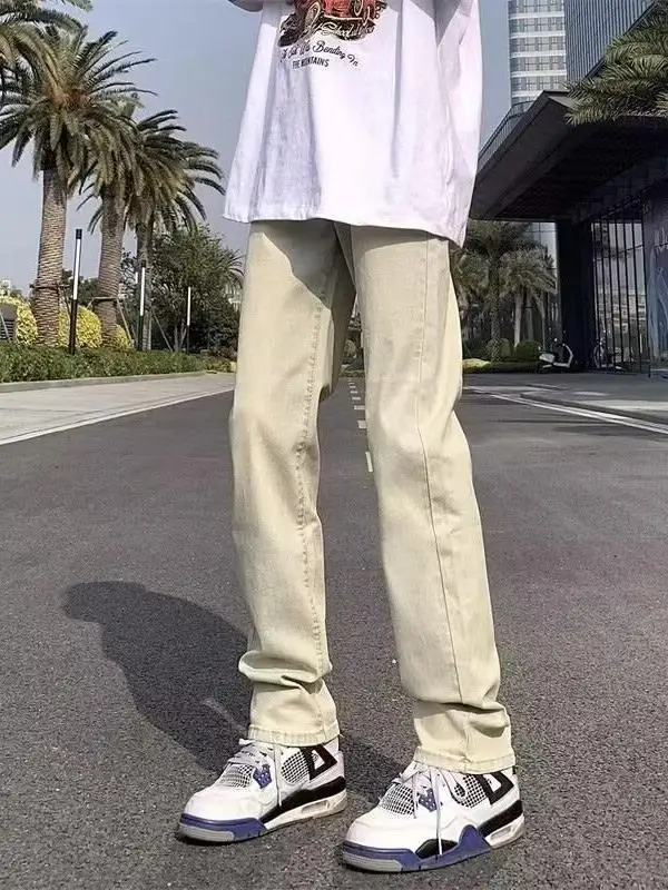 

Американские мужские джинсы свободного кроя с прямыми штанинами и эластичной талией, цвета желтой глины, повседневные, молодежные, модные, весна-осень