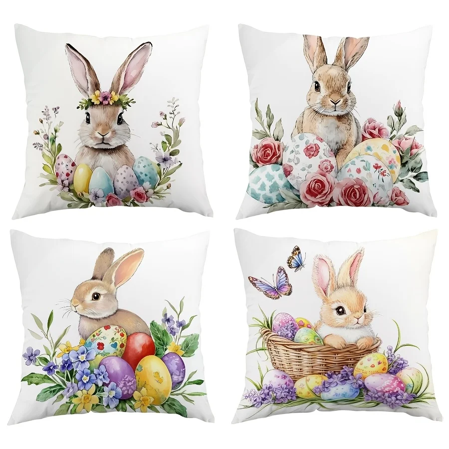 Easter Green Wreath Bunny Egg Lily Easter pillow Case, soft and comfortable Easter decorative pillow case, machine washable