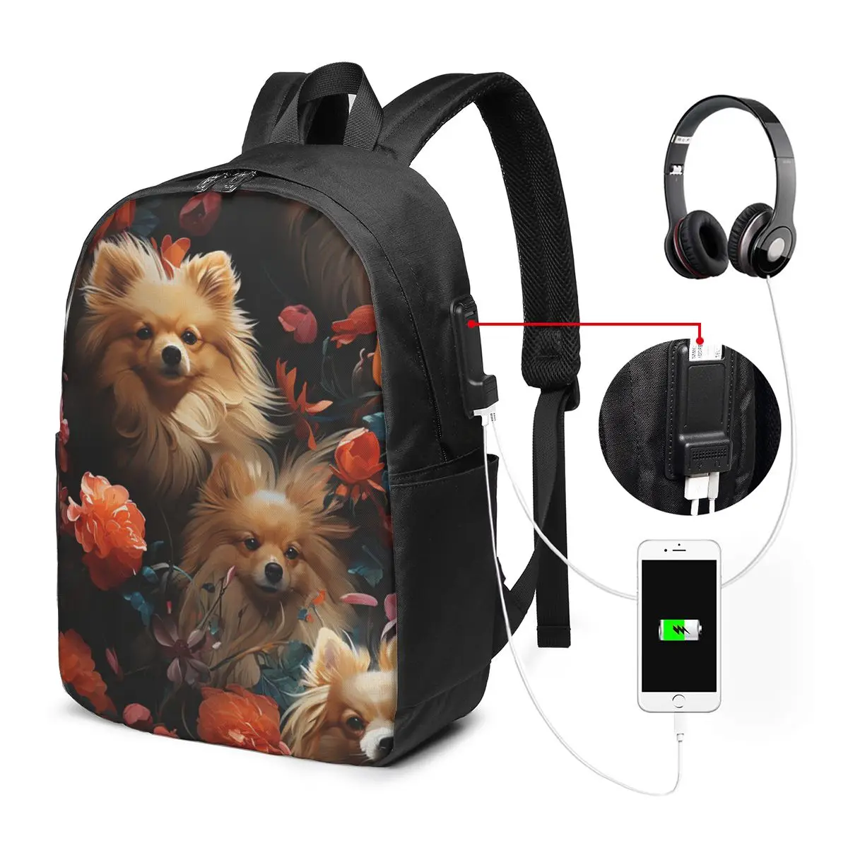 Pomeranians Dog Among Flowers Pattern Backpack Travel Notebook Bag Computer College Student School Bag Laptop Shoulder Bags
