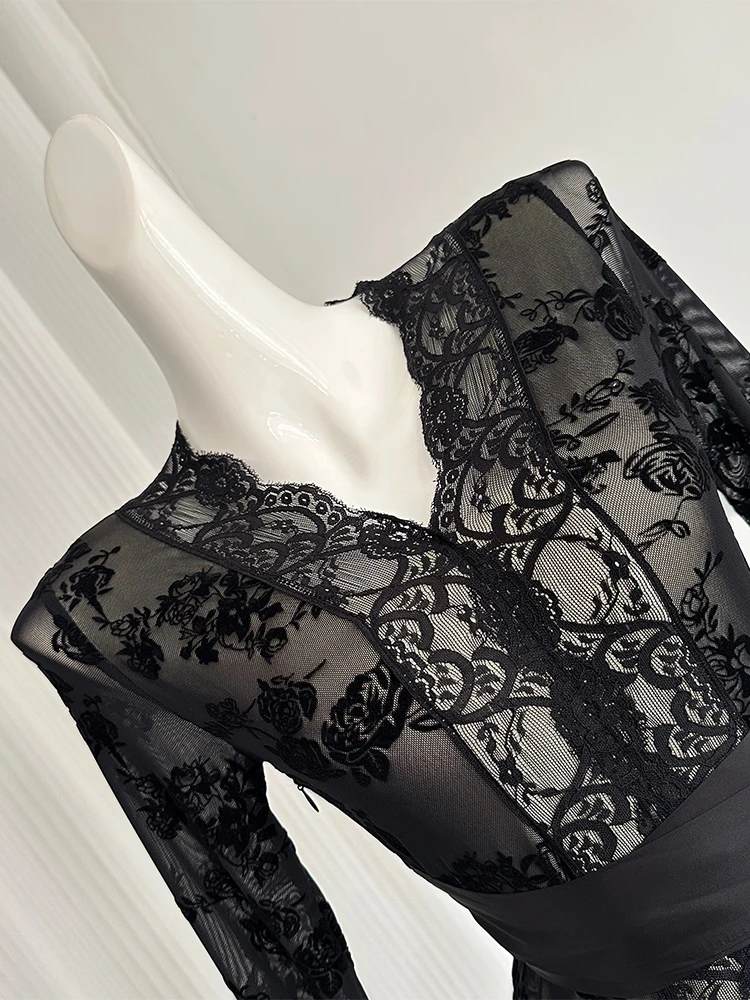 Women\'s Patchwork Bodycon Evening Dress Vintage Long Sleeve V-Neck Luxury  Mini Lace Dresses Y2k One Piece Frocks 2000s Clothes