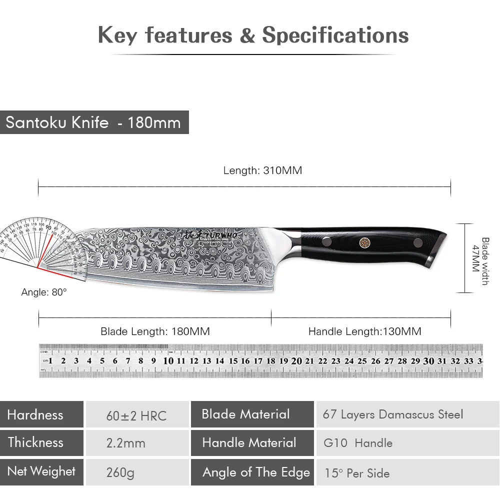 Imagem -06 - Turwho Faca Santoku Polegadas 67 Layer Damasco Aço Facas de Cozinha Corte Profissional Carne Vegetal Cutelo Chef Japonês