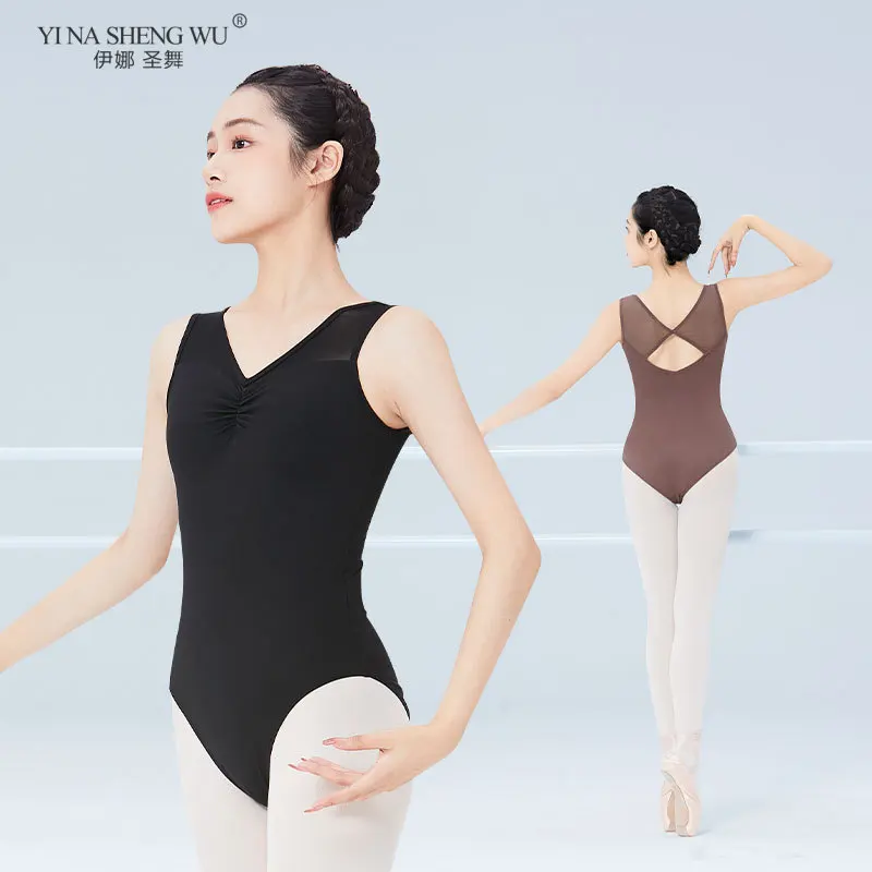 バレエレオタード女性ダンスレオタード-v-襟スプライスノースリーブ体操ベストレオタードナイロンダンスボディスーツ水着大人