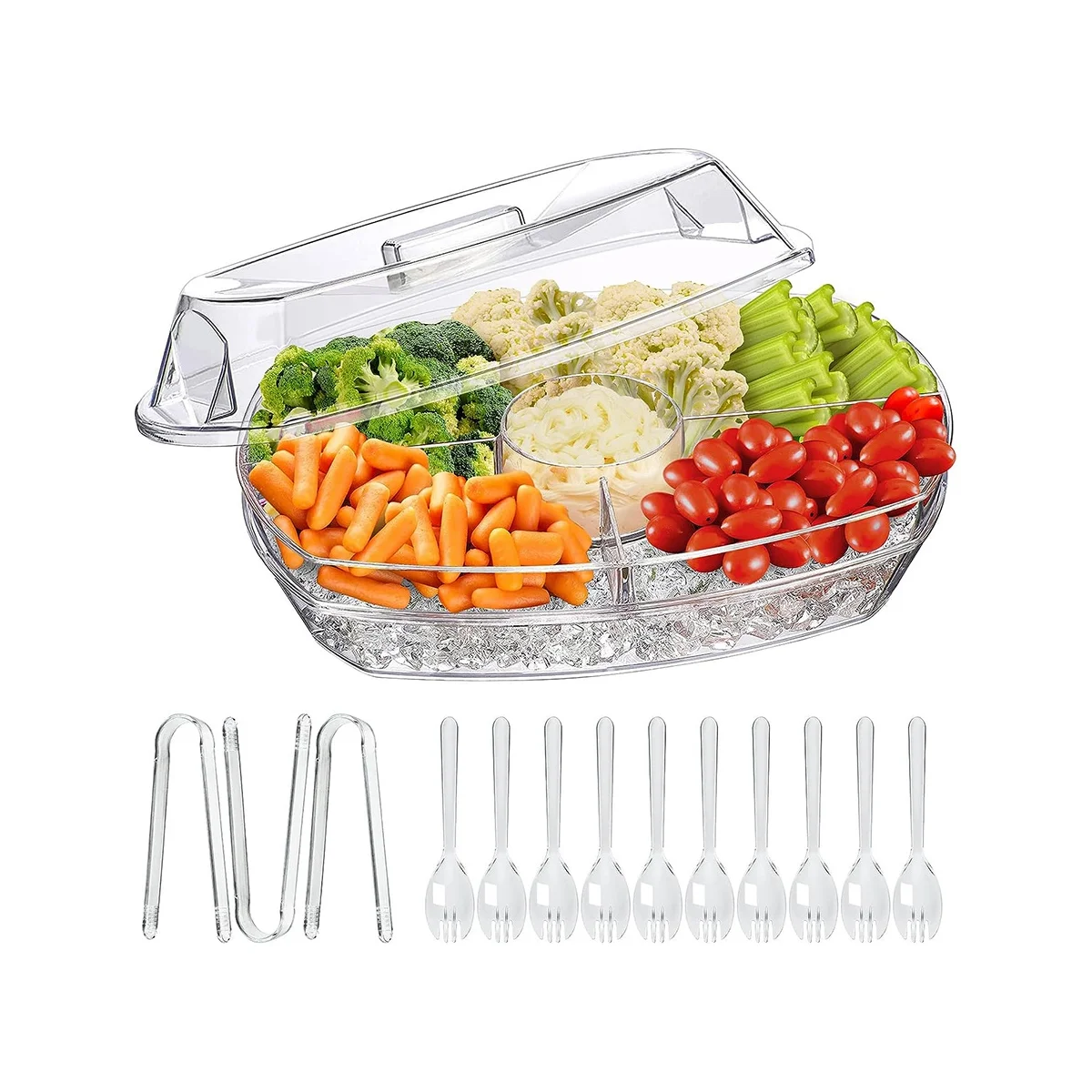 Chilled Fruit Tray, 15 Inch Clear Party Platter with 4 Compartments, with Lid for Christmas,Thanksgiving,Camping Out