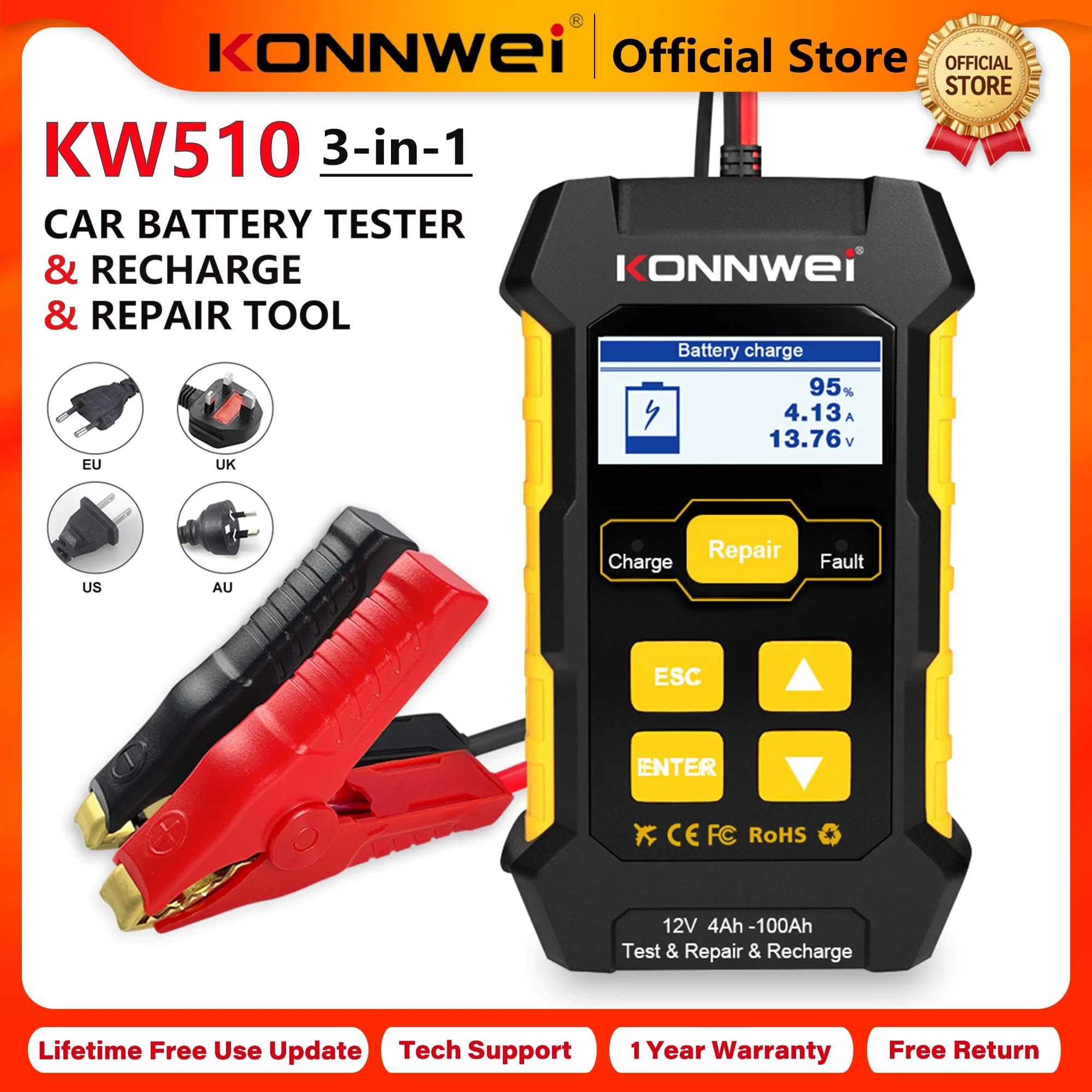 2026 KONNWEI KW510 Car Battery Tester 12V Full Automatic Pulse Repair Performance Battery Charger Cranking Charging Voltage Test
