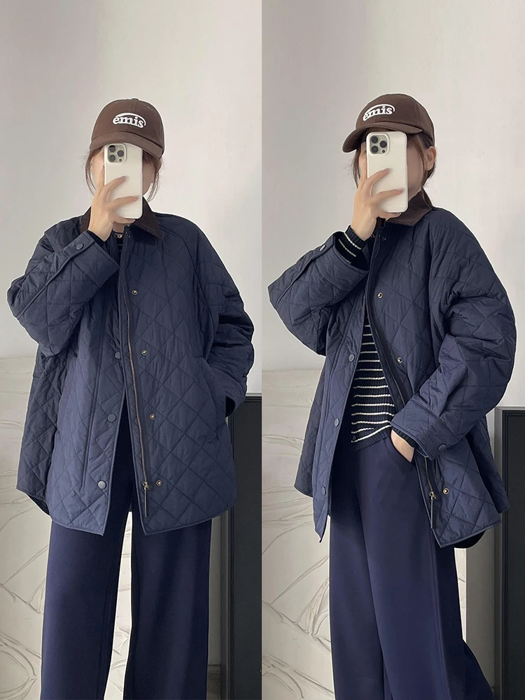 

Женское свободное хлопковое пальто-жакет с ромбовидным узором, на пуговицах, с длинными рукавами, осенне-зимняя новинка