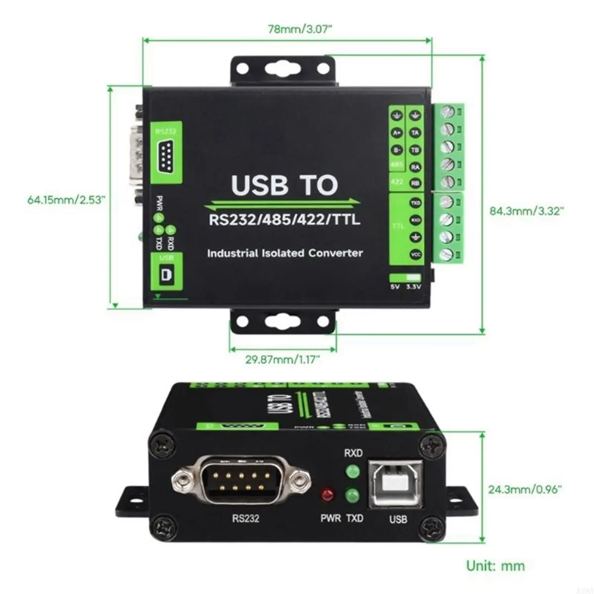 Industrial USB to RS232/RS485/RS422/TTL Isolated Converter with FT232RNL Embedded Circuits Diode Adapter