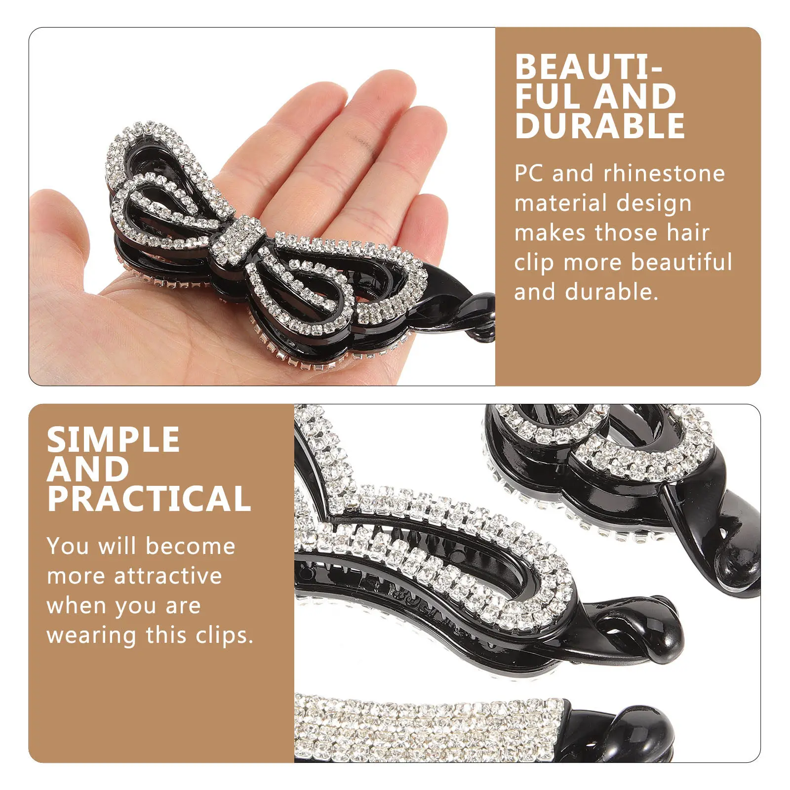 3Pcs Stylish Pc Rhinestone Banana Hair Clip Ponytail Holder Fast Secure Updo Claw for Office Beach Party Use