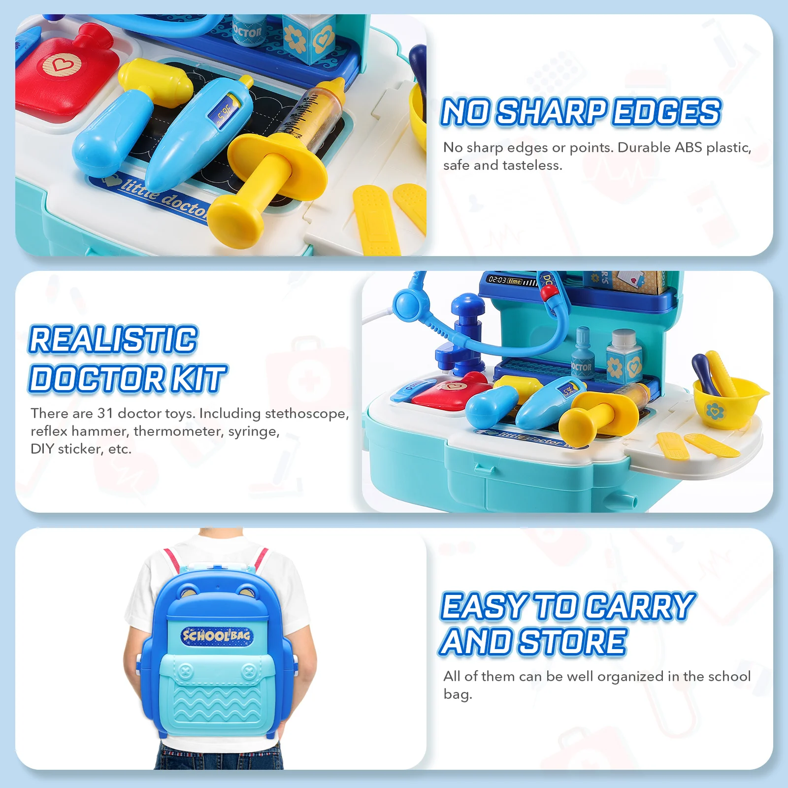 Toyvian-Kit de docteur simulé, ensemble de jeu de simulation 2 en 1, sac à dos Electrolux, jouet pour garçon, cadeaux pour fille, 31 pièces