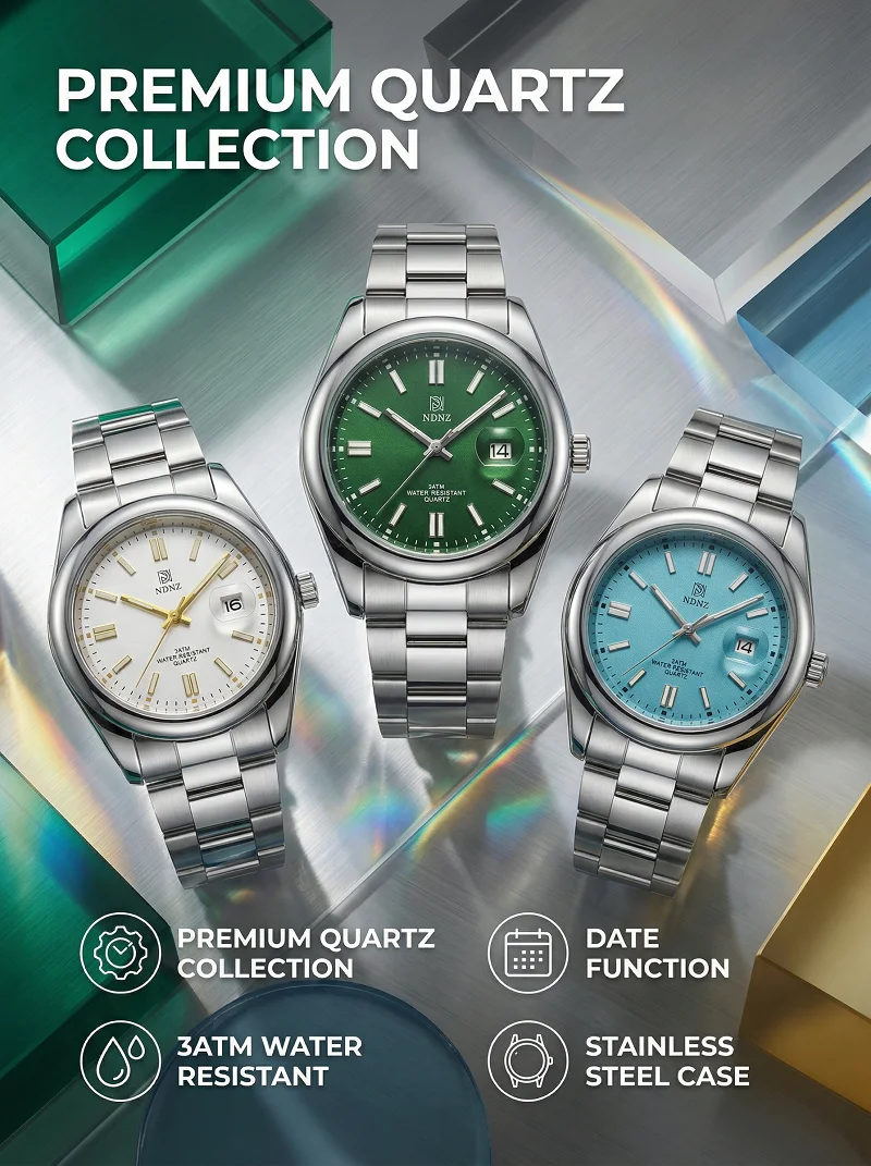 

Мужские часы NDNZ с ремешком из нержавеющей стали, индикацией даты, водонепроницаемостью 3ATM, японским механизмом