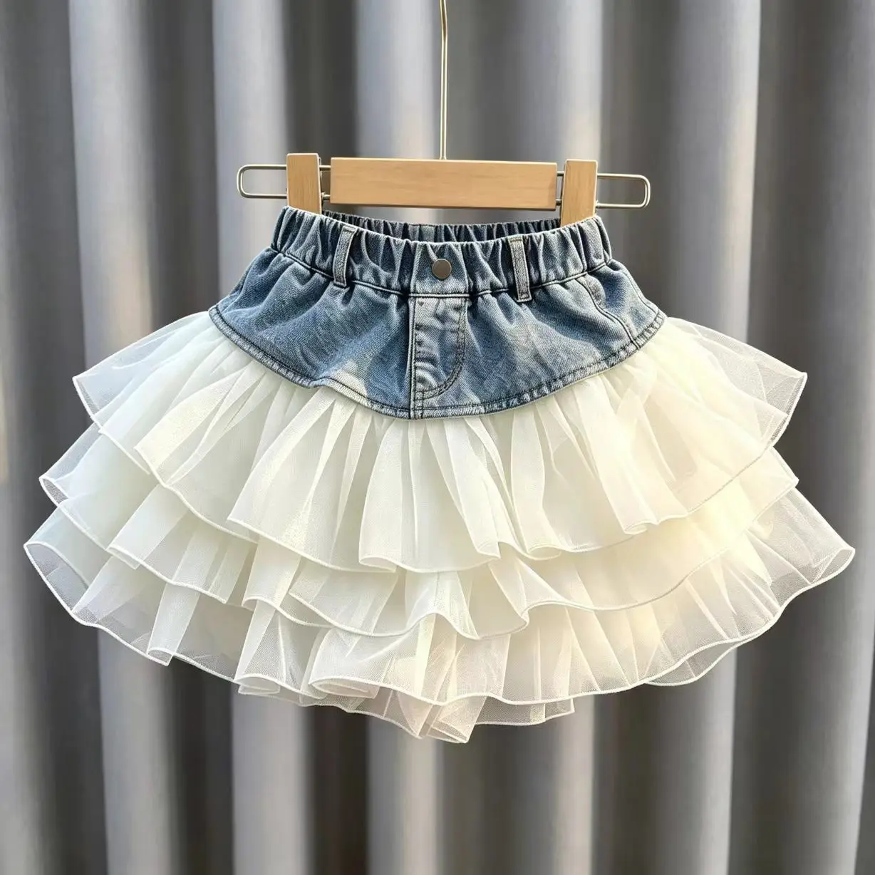 

Girls' Summer Denim Short Skirt Patchwork Mesh Cake Style Children's Kids' New Fashion Skirt