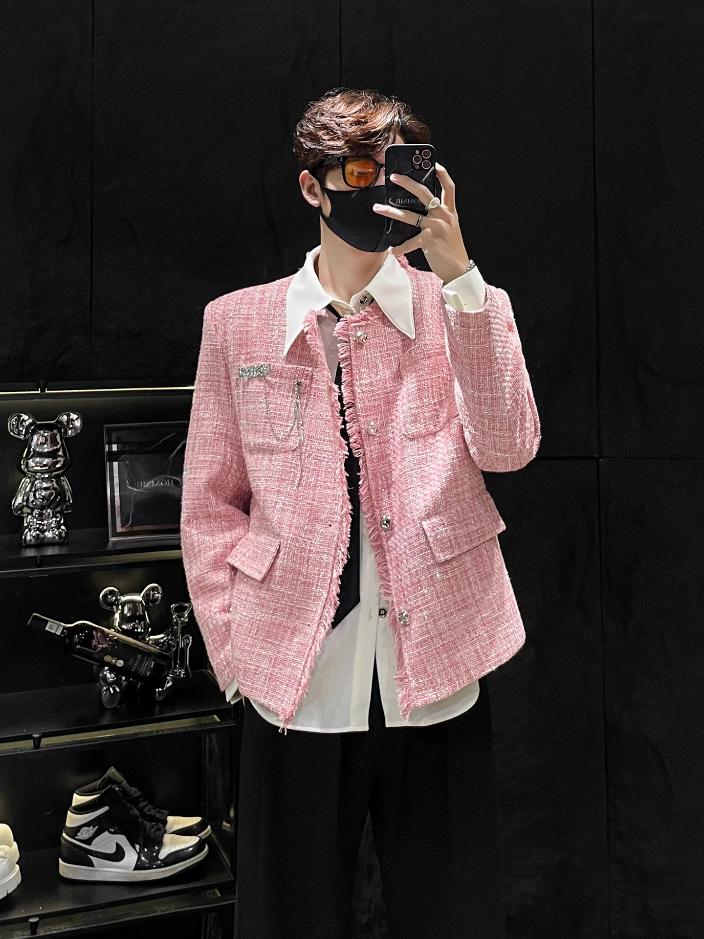 

HOMME розовый топ с кисточками и подкладкой для мужчин, трикотажная шерстяная ткань, высококачественная верхняя одежда в Корейском стиле