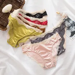 Sexy Rhinestone Low Waist Cotton Crotch Lace Briefs Women Satin Panties Korean Underwear Letter