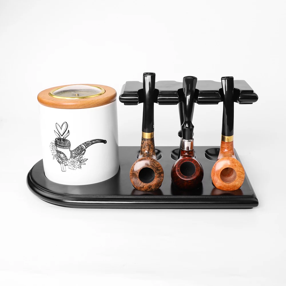 Tobacco Smoking Pipe Stand Unique Holds 6 Pipes and Tobacco can Solid Beech Wood Pipe Rack Holder Desktop wooden rack stand pipe