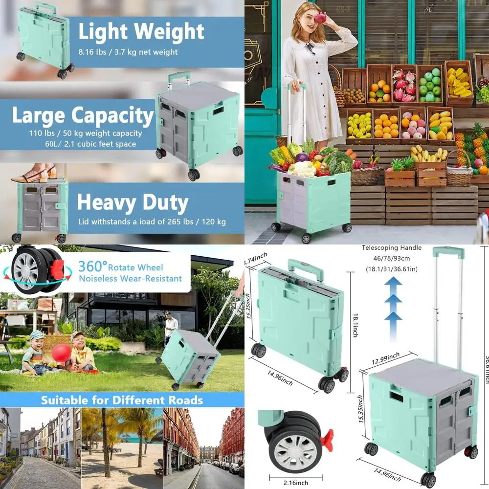 

Collapsible Shopping Cart with 360° Swivel Wheels, Hidden Lid, and Telescoping Handle for Portable Storage and Mobility