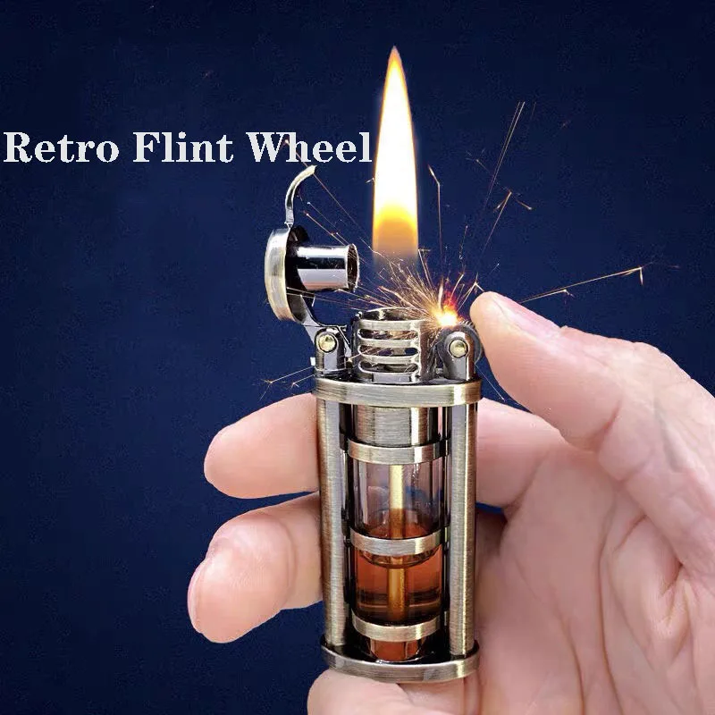 ZORRO Transparent Fuel Tank Brass Kerosine Lighter Metal Windproof Creative Retro Flint Cigarette Lighter Smoking Accessories