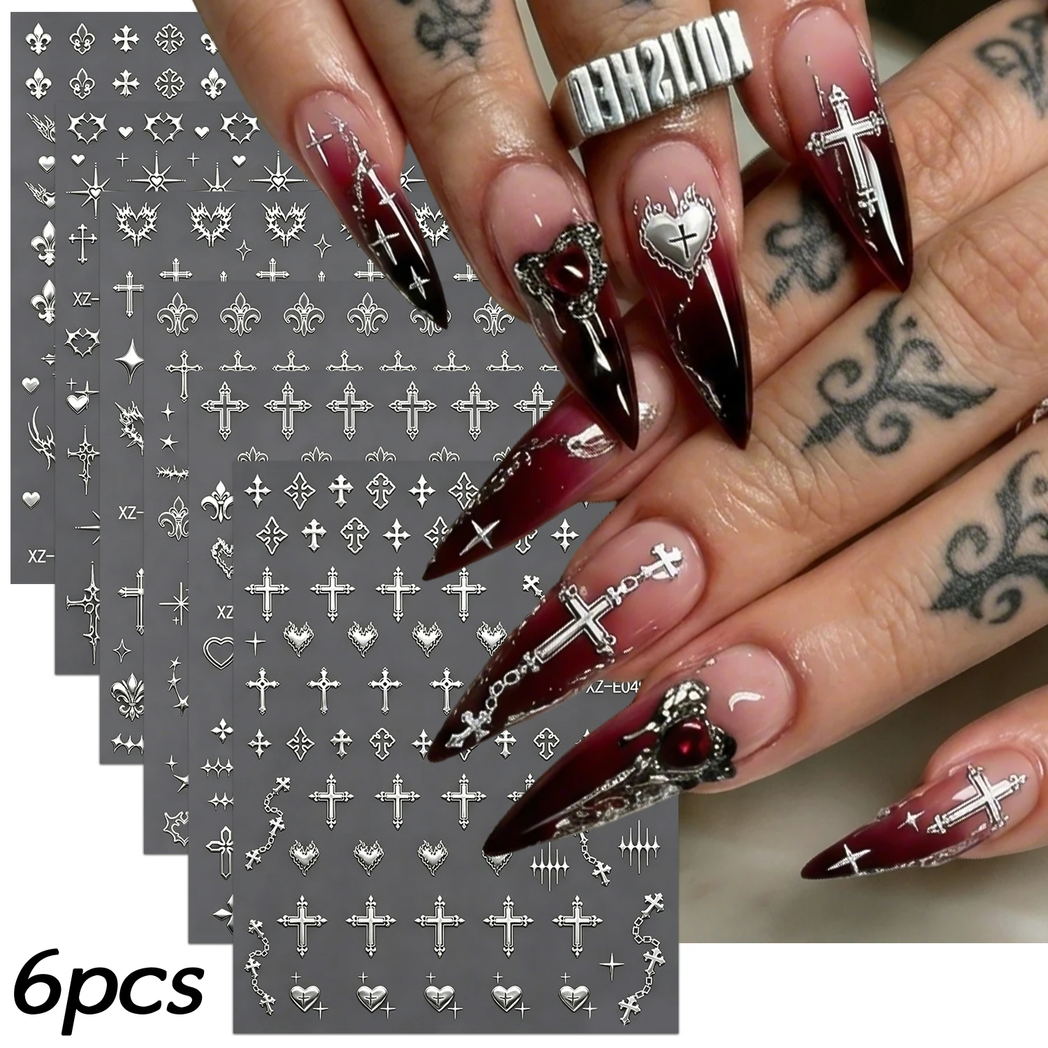 6 Stück/Set Metall Gold Kreuz Sternenlicht Nagelaufkleber Y2K 3D Glänzender Mond Stern Nagelsticker 8*10cm Selbstklebende Kreuz-Nageldekoration # 8 – Detail 1