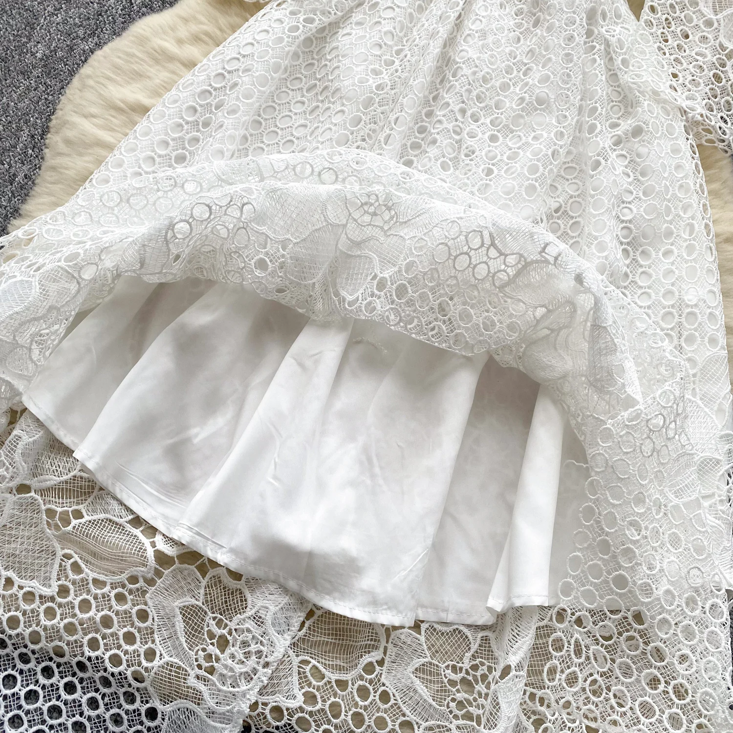 프렌치 훅 플라워 할로우 레이스 긴팔 플로럴 페어리코어 드레스 여성 여름 허리 A라인 행사 드레스 여성 의류