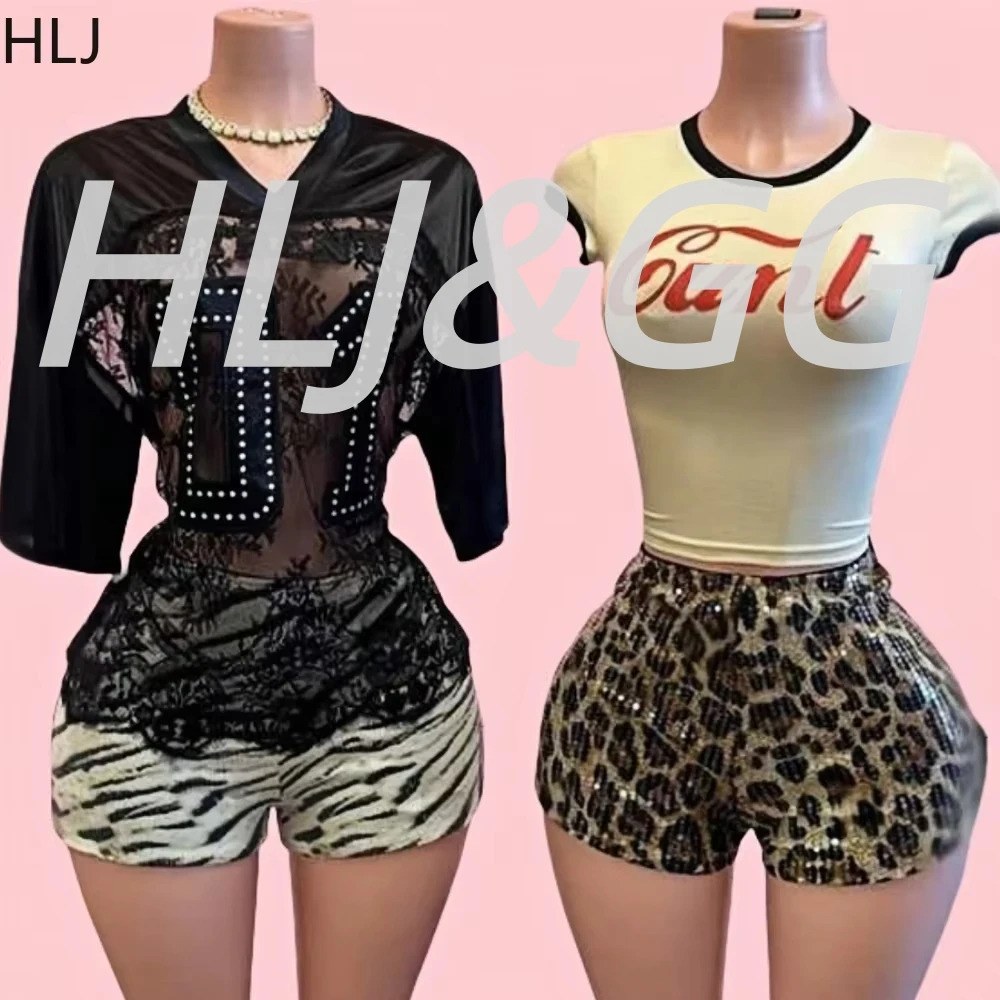 

HLJ&GG Американские винтажные футболки Y2K, комплекты из двух предметов, женский тонкий топ с v-образным вырезом + шорты с леопардовым принтом и блестками, модная уличная одежда 2025