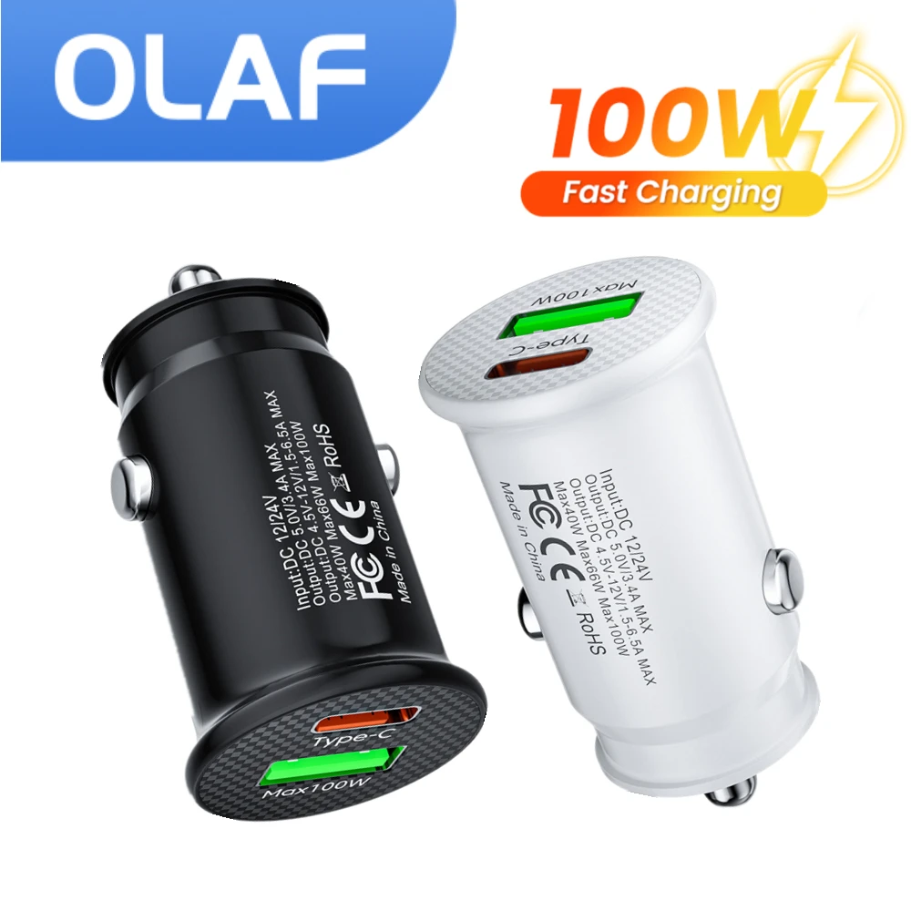 Olaf Mini Car Charger 100W Fast Charging Dual Ports Type C Car USB Charger Adapter QC 3.0 USB C Charger For Cell Phone In Car