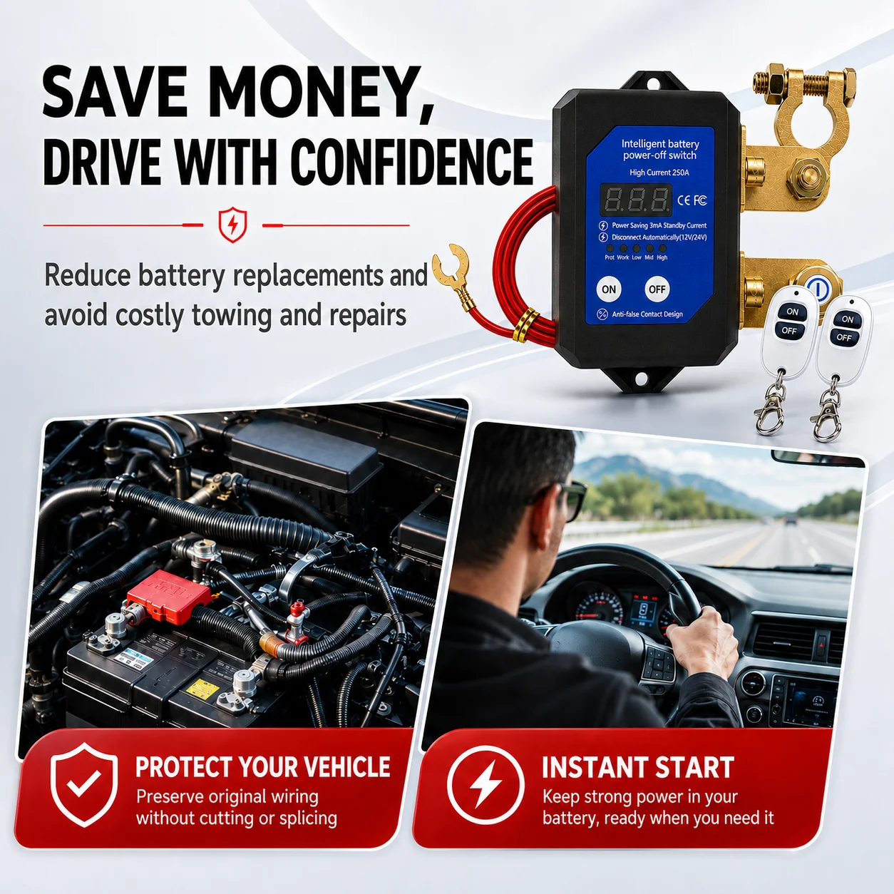 Smart Battery Disconnect Switch 12V 24V 250A with Remote Control LED Digital Voltage Display Power Kill Switch for Car Truck RV