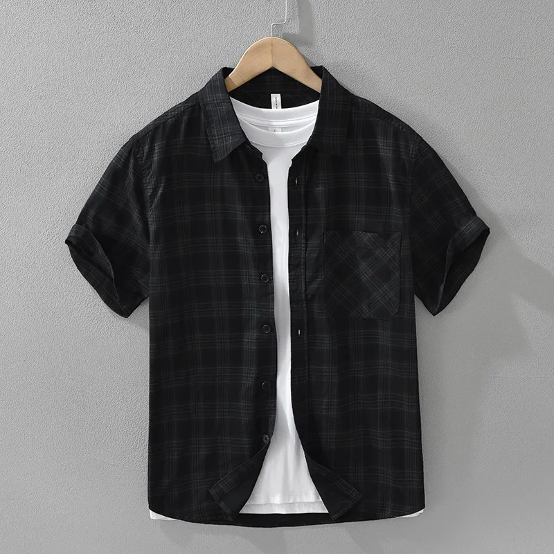 Men's Summer Retro Checkered Casual Shirt Urban Daily Wear Loose Fit Wrinkle-Resistant Cotton Workwear Shirt with Chest Pocket