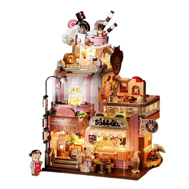 

Creative Bear Pink Bubble Tea Store Building Block Toy with LED Street View City Shop Model DIY Bricks Toy for Kids Girls Gifts