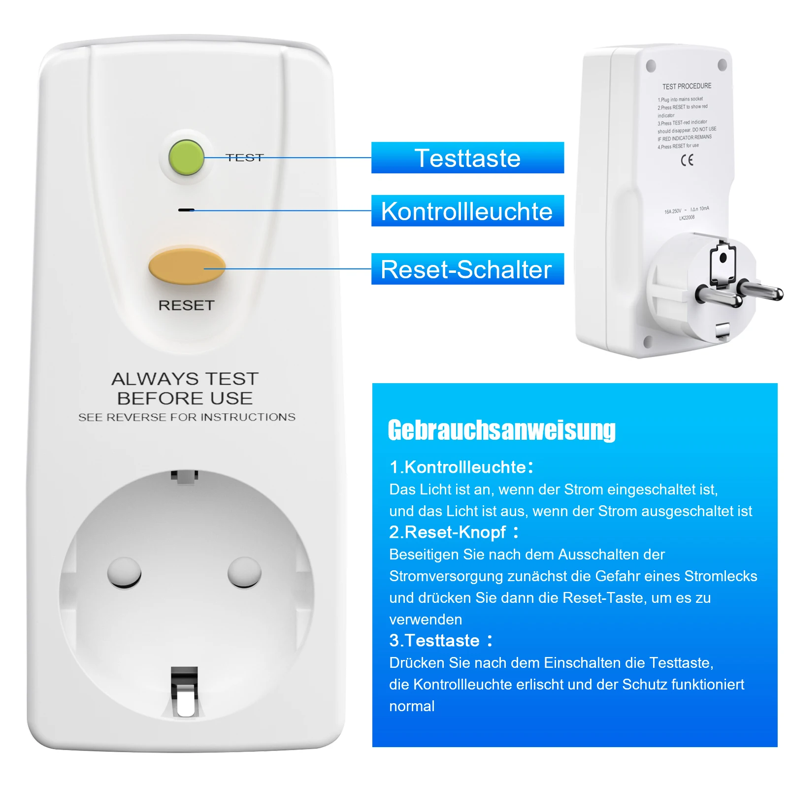 Eu plug Gfci leakage protection socket Rcd cut-off switch safety protection plug 16A for household appliances, tools, outdoor