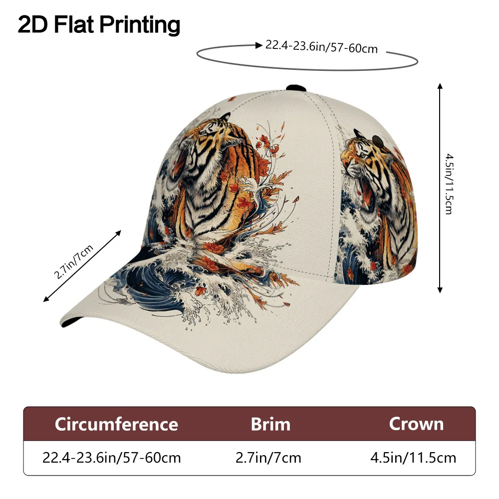 Lightweight Baseball Cap Featuring a 2D Flat Design of a Tiger Among Waves Equipped with a Snap Closure Perfect for Travel