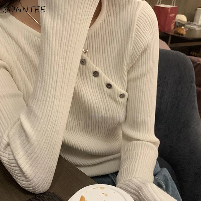 

Вязаные футболки женские с длинным рукавом на пуговицах в корейском стиле простые офисные женские элегантные темпераментные нежные универсальные тонкие