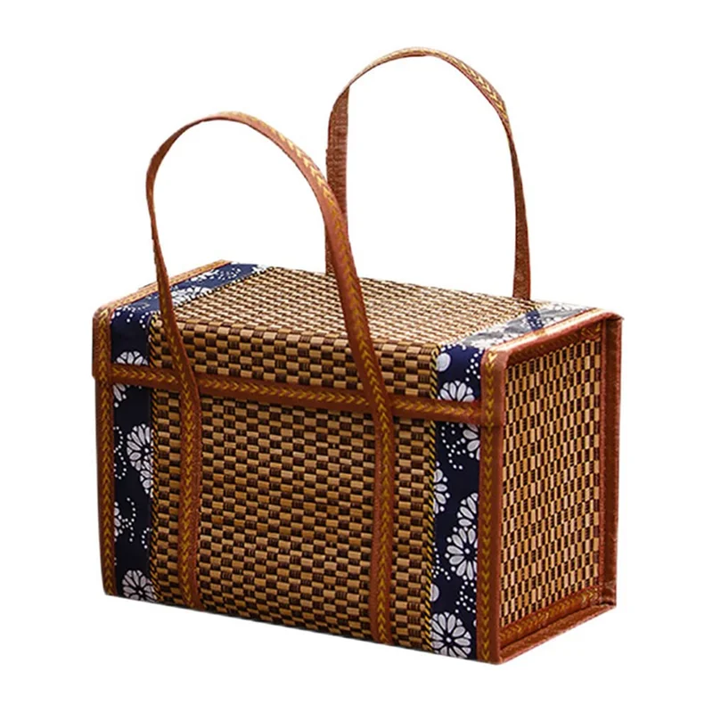 Picnic Woven Basket Wicker Storage Bag Handle Folded Fruit Shopping Food Handle Rattan Grass Foldable Bamboo Basket B