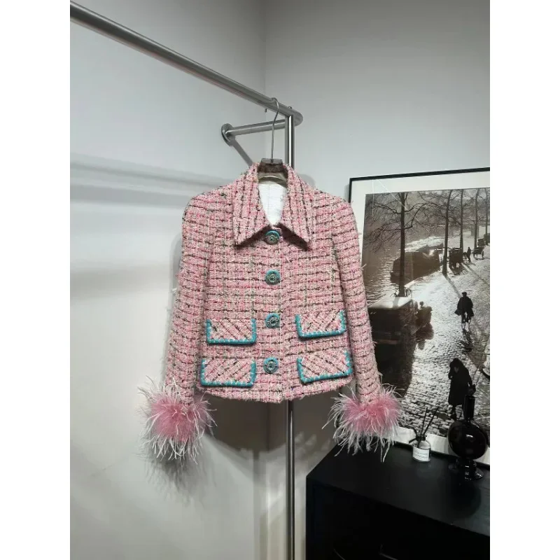 Office Ladies' Pink Turn Down Collar High Quality Tweed Long Sleeve Feather Jacket Tops and Skirt Sets 2025