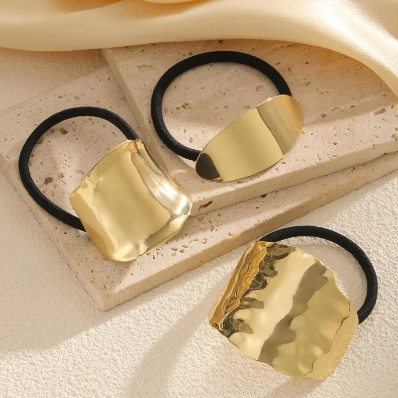 3pcs/bag Gold Metal Hair Ties Geometric Hair Cuffs Stretch Non Damage Ponytail Holders Hair Accessories For Thick Hair