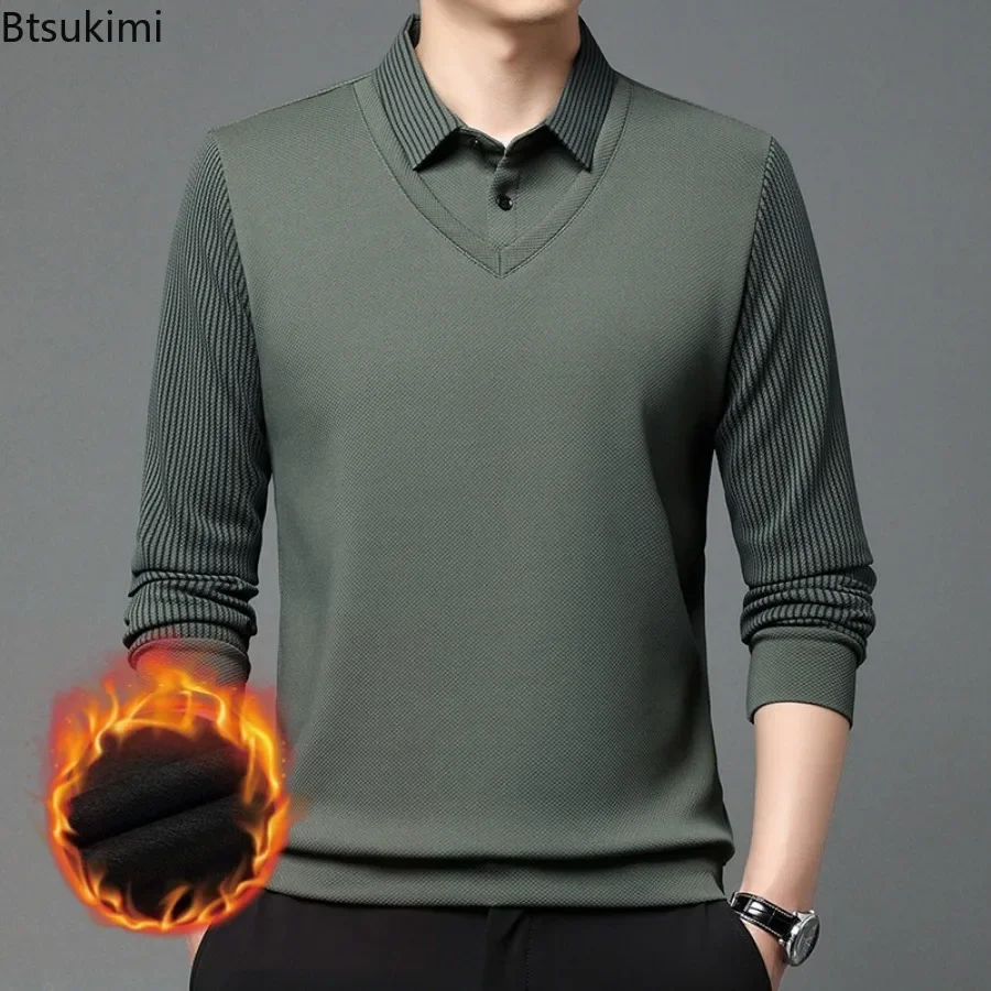 Autumn Winter Men's Fleece Warm Shirts Fashion Stripe Splice Fake Two-piece Business Casual Pullover T-shirts Male Sweater Tops