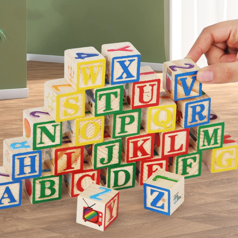 27pcs Alphabet Number Blocks Toy Colorful Cartoon Pattern Wooden Building Block Stacker Kids Baby Montessori Educational Toy