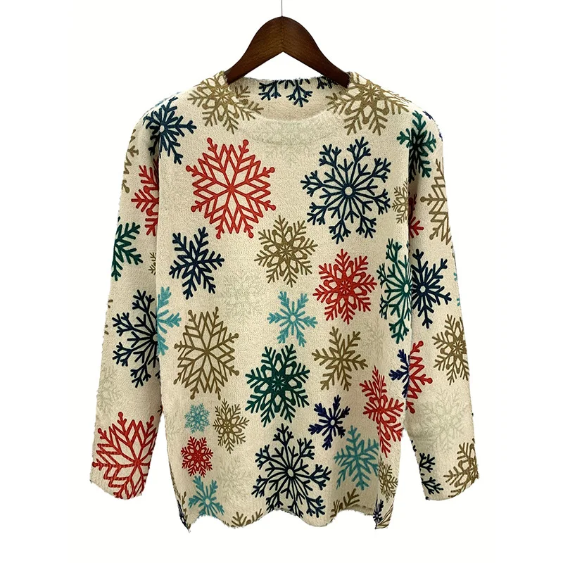 

2024 Autumn Winter Knitwear Sweater Soft Warm Tops Christmas snowflake Printing O-Neck Pullovers