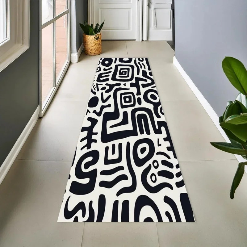 Long Black White Runner Area Rug Carpet, Non Slip Floor Mat, Modern Geometric Tribal Print Washable Kitchen Rug