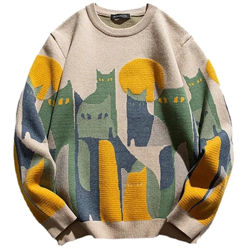 2026 Autumn Knitted Sweater Men Women Winter Harajuku Cartoon Full Cat Print Pullover Vintage Causal Loose Sweaters Streetwear