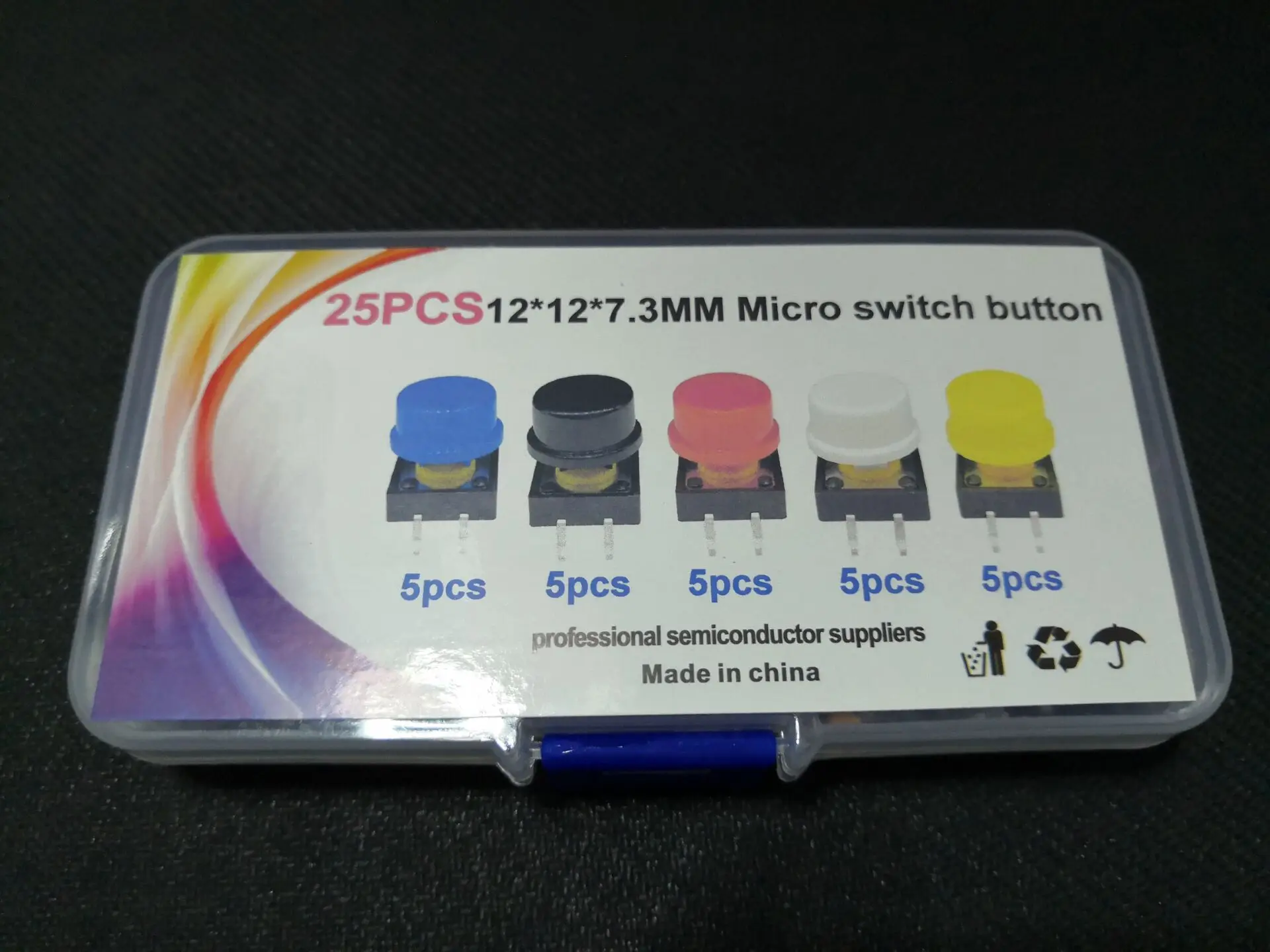 25pcs Press Button Switch Kit 12*12*7.3mm With Box Micro Touch Switch With Caps Yellow Blue Black White Red Head 12x12x7.3mm
