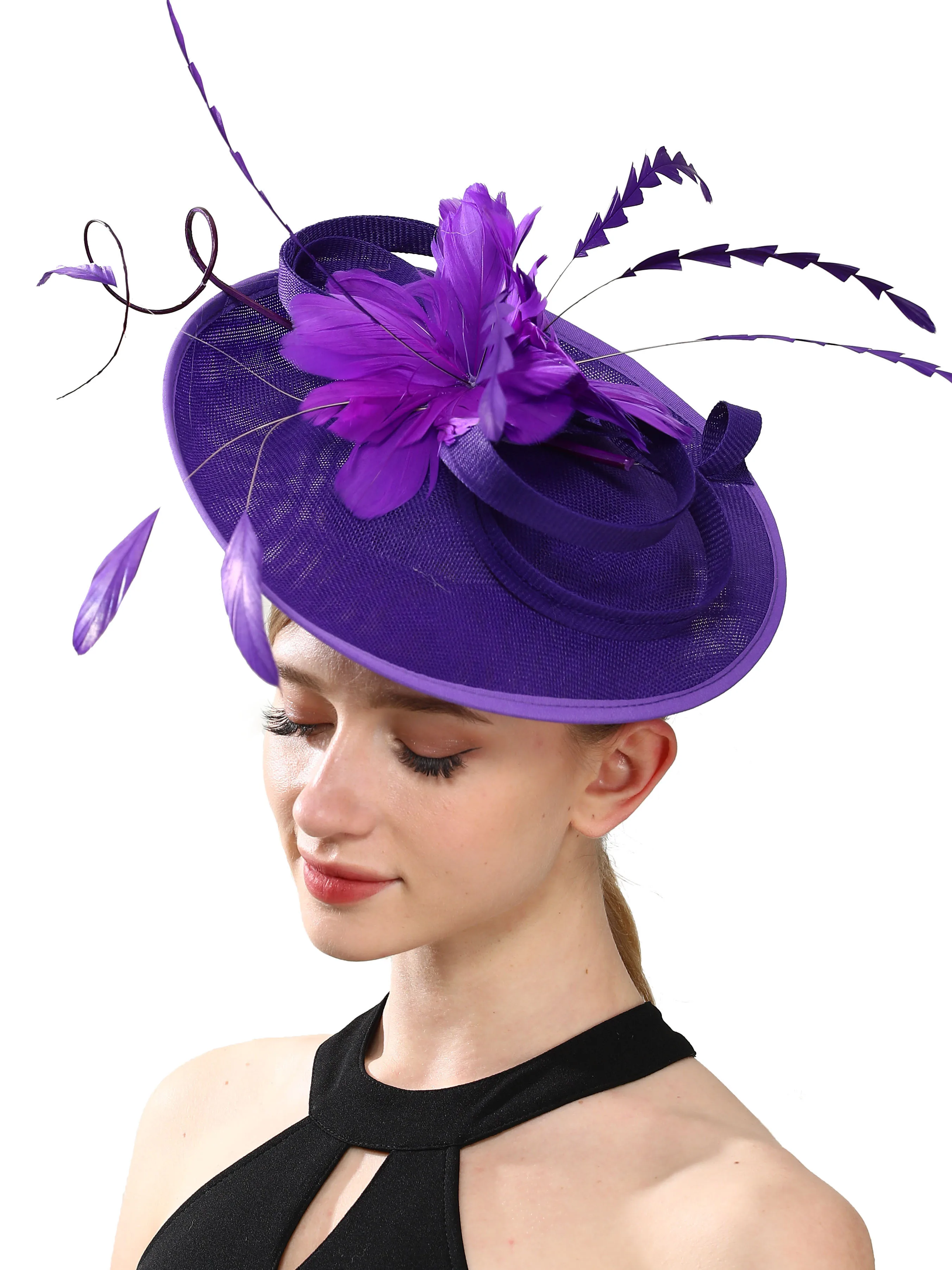 

Purple Church Feather Fascinator Hat Hair Clip Women Femme Kentucky Derby Headpiece Ladies Elegant Chapeau Cap Party Fascinators